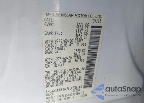 2018 Nissan Titan Sv из США, поврежденный, VIN 1N6AA1E68JN537804